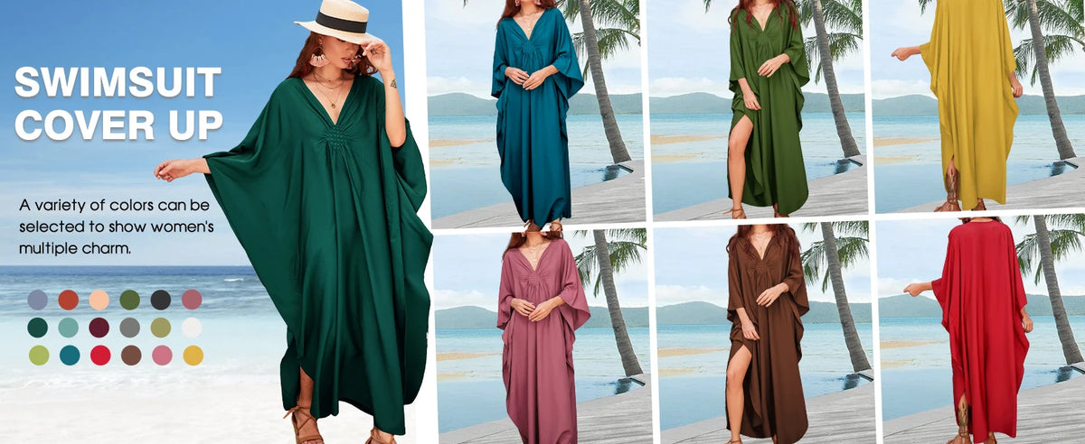 Plaza Plus Size Caftan Solid Color Plus Size Beach V Neck Cover Up Loose Soft Kaftan Dress