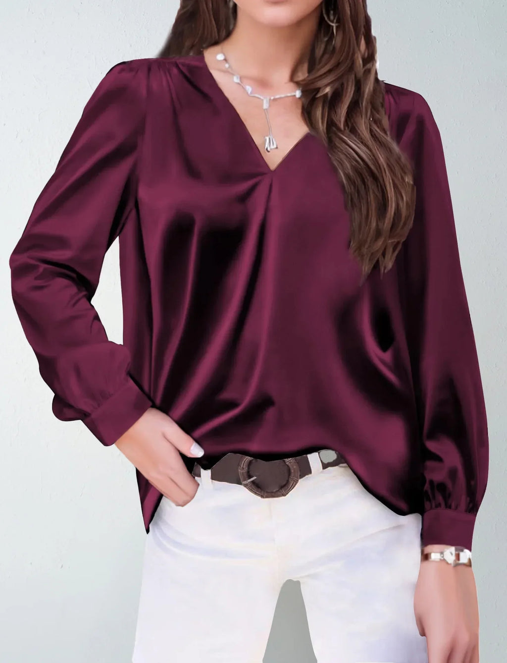 Elmer Solid Color V-Neck Long Sleeve Office Loose Elegant Blouse