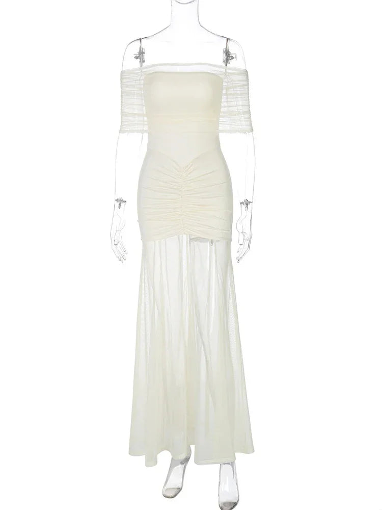 Cowen Off Shoulder Mesh Apricot See Through Ruched Dress