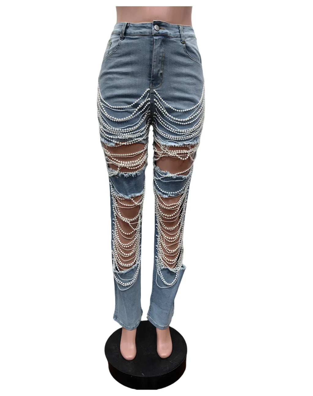 Manalapan Shiny Jeans Pearls High Waist Elegant Hollow Out Beading Denim