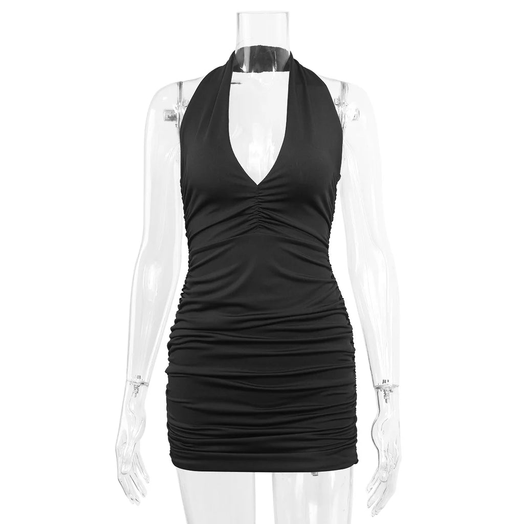 Colonia Deep V Evening Party Sleeveless Backlss Short White Halter Dresses
