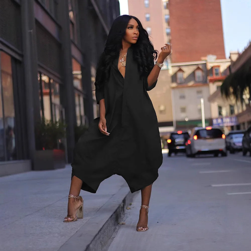 Women Plus Size Jumpsuit Business Casual Black Pocket Harem Rompers Single