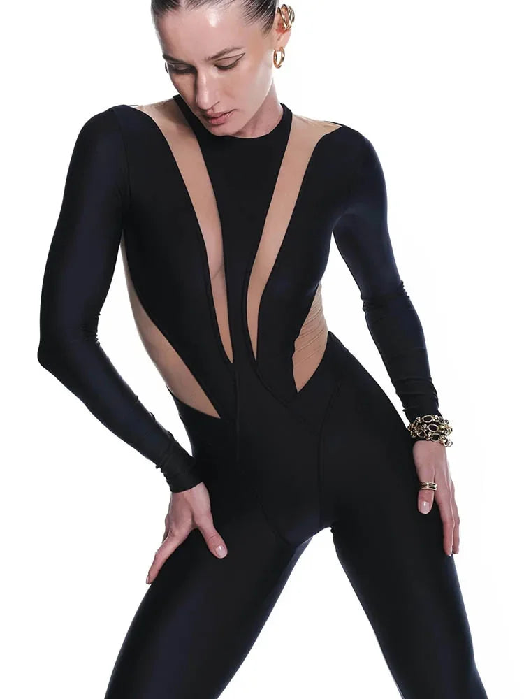 Auburn Hills Sexy Mesh Patchwork Jumpsuits Fashion O Neck Long Sleeve