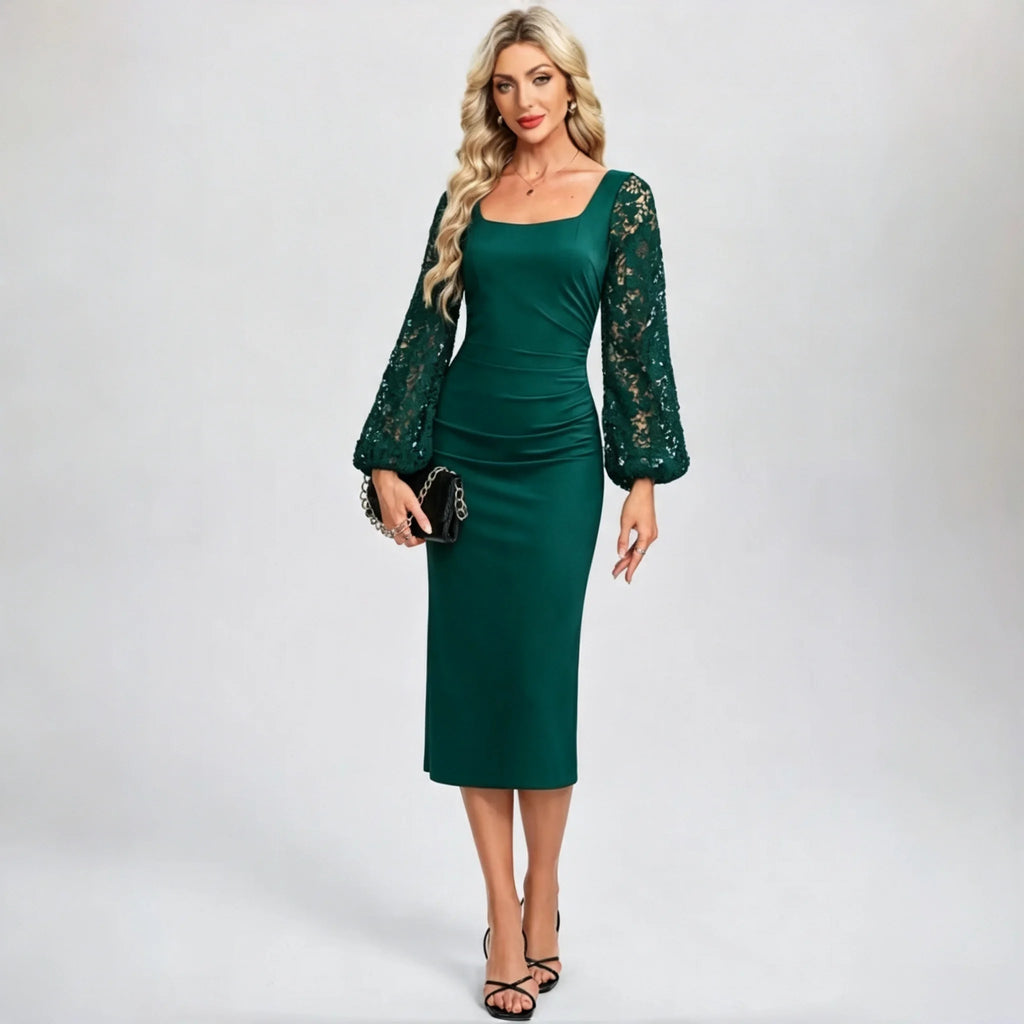 Bushwick Black Velvet Midi Bodycon Square Neck Lace Puff Long Sleeve Ruched Waist Dress