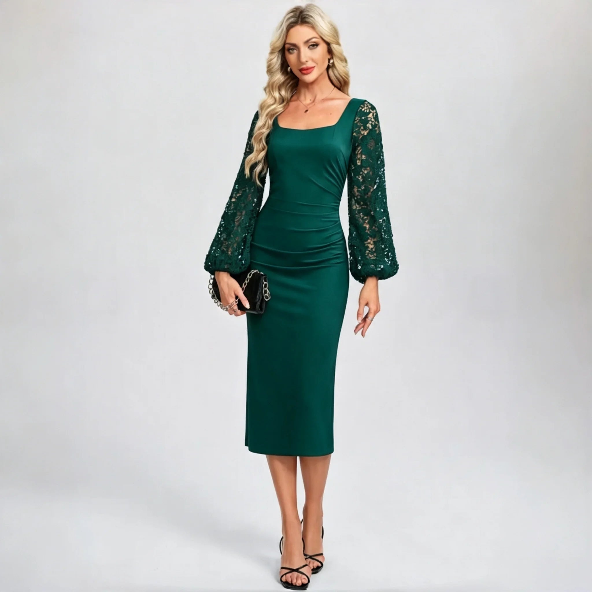 Bushwick Black Velvet Midi Bodycon Square Neck Lace Puff Long Sleeve Ruched Waist Dress