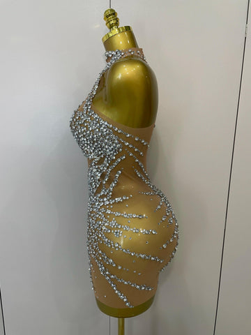 Elmira Rhinestones Sexy Mesh See Through Dress Party Evening Dress