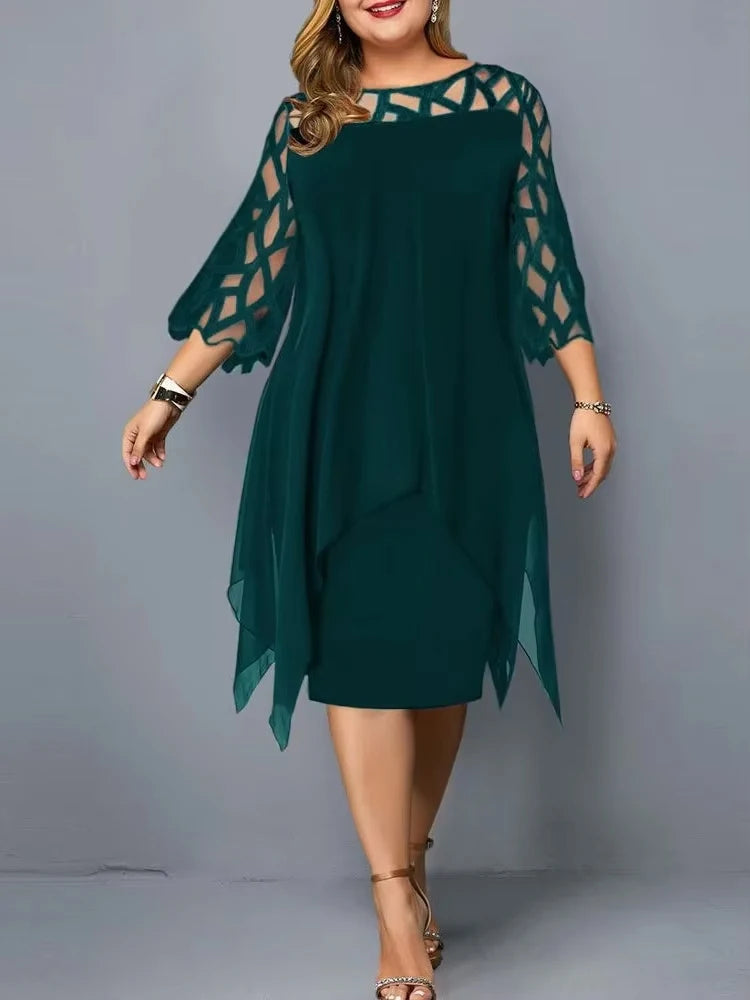 Cancun Hollow Chiffon Comfortable Loose Plus Size Elegant Solid Color Midi Dress
