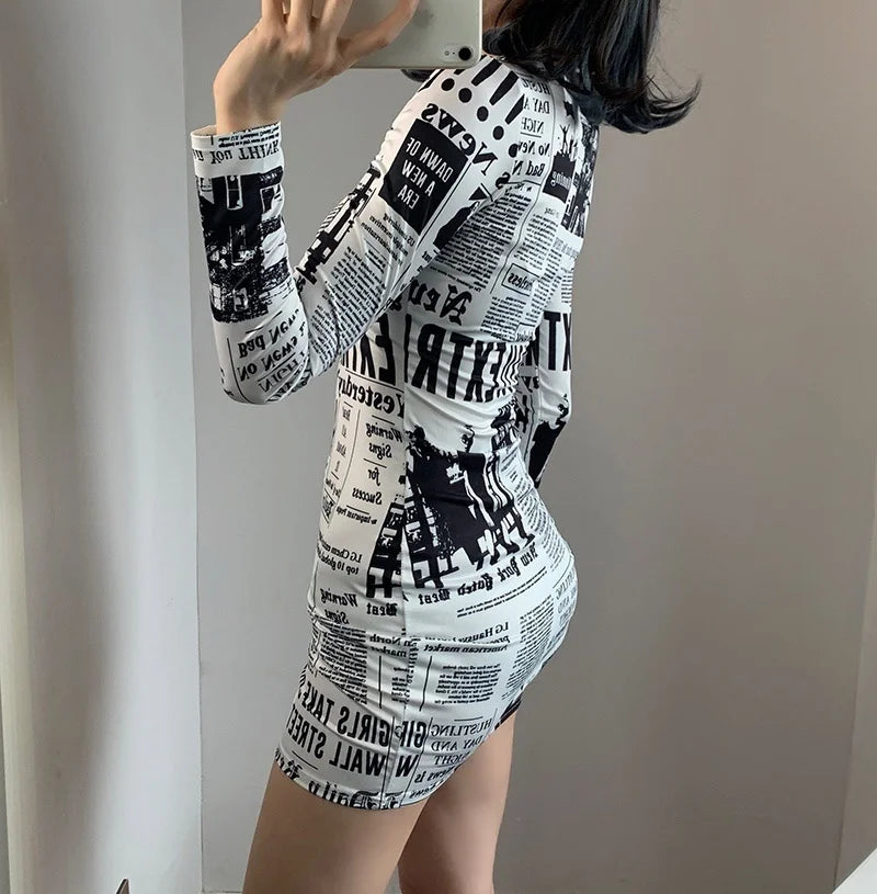 Amazonia Printed Newspaper Sexy New Fashion Street Shooting Slim Mini Dress