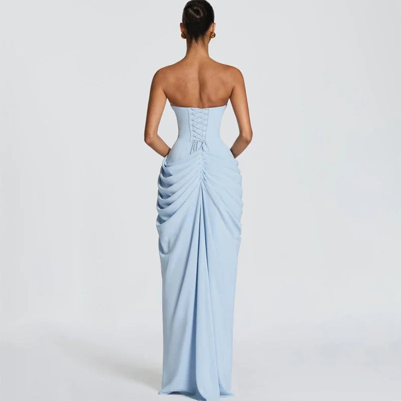 Tapansee Solid Sexy Pleated Strapless Off Shoulder Backless High Waist Split Maxi Dress