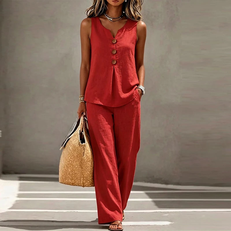 Merida Summer Sleeveless V Neck Button Two Piece Sets