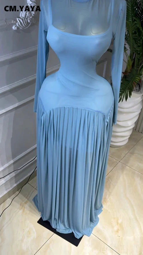 O Neck Mesh Long Sleeve Pleated Sexy Evening Party Long Dress