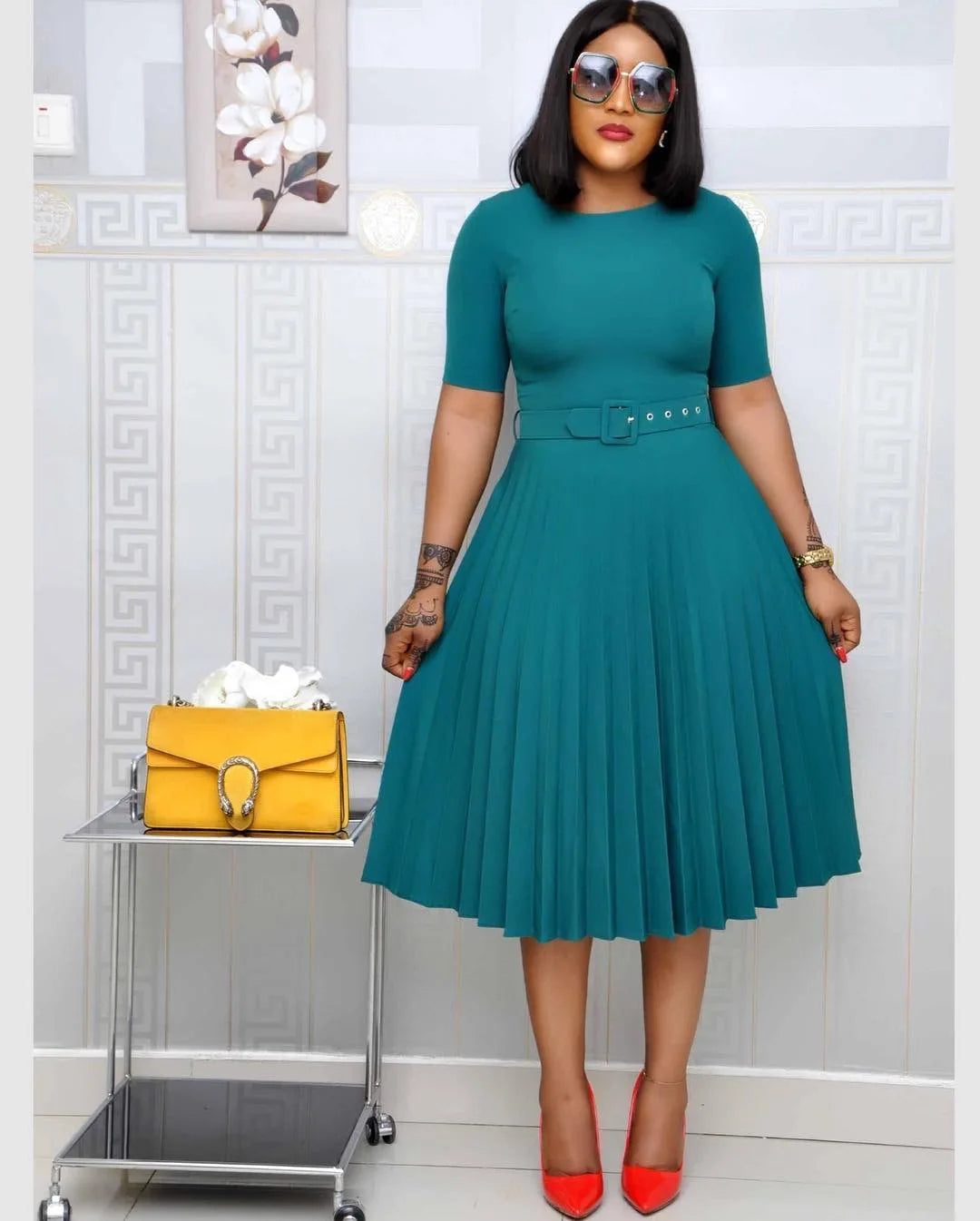 Cincinnati Plus Size Pleated Ladies O Neck Solid With Belt Mid-Calf Office Dress
