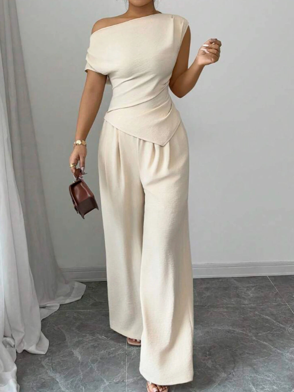 Sandy Elegant Pure Color Ladies Asymmetric Two Piece Sets