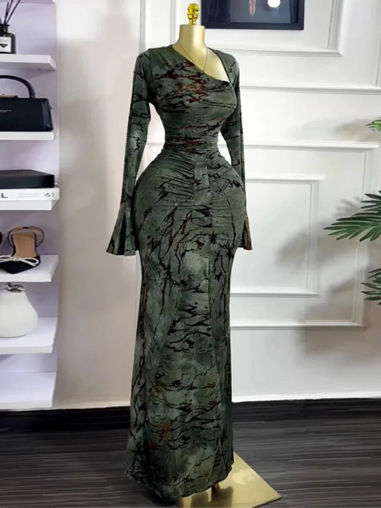 Vermella Printed Skew Neck Flare Long Sleeve Ruched Long Dress