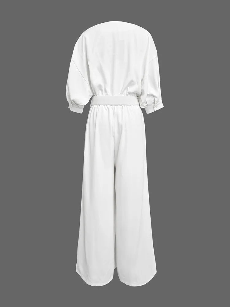 2026 Women Luxury Minimalist Jumpsuit Women's Jumpsuits And Rompers Jumpsuits V Neck Puff Sleeve High Waist Wide Leg Outfits