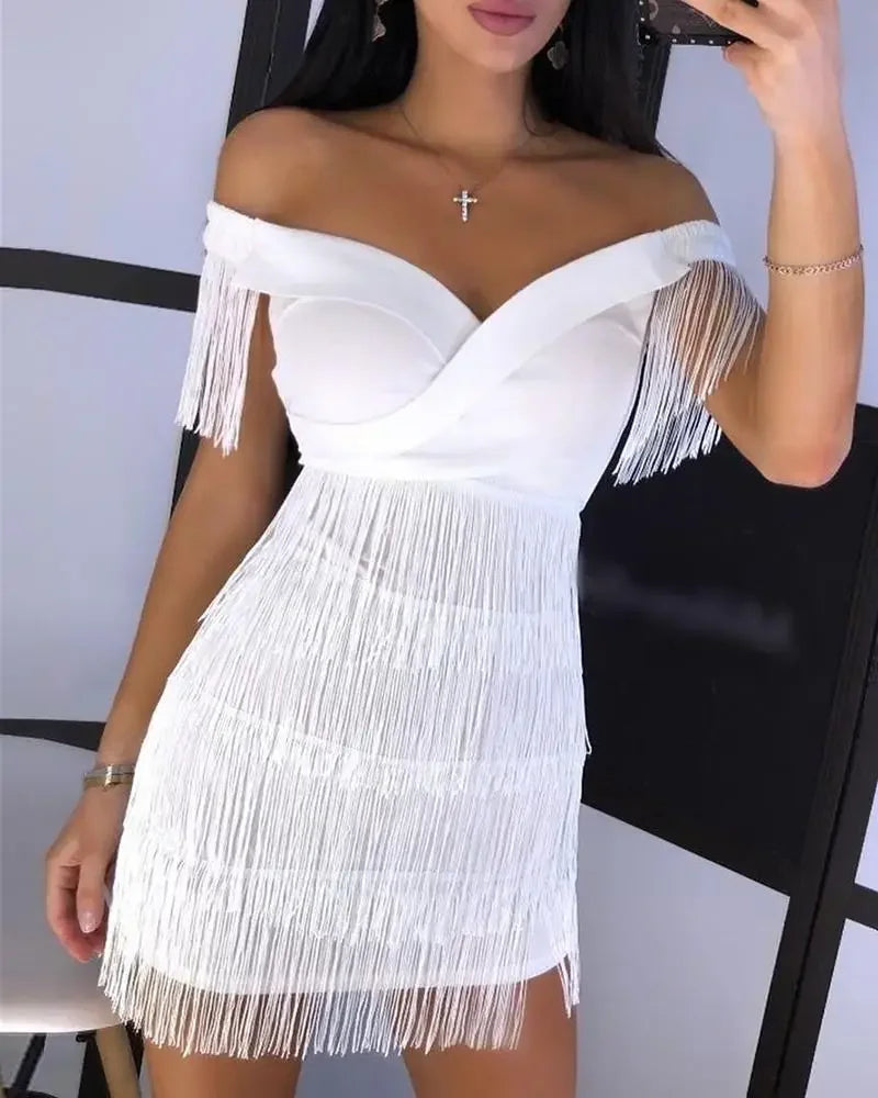 Seattle Solid Slash Neck Sleeveless Empire Tassel Sheath Mini Dress