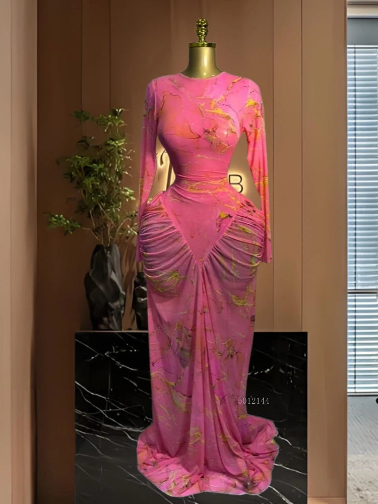 Kissimmi Tie Dye Printed Stacked Ruched Long Sleeve Bodycon Maxi Long Dress