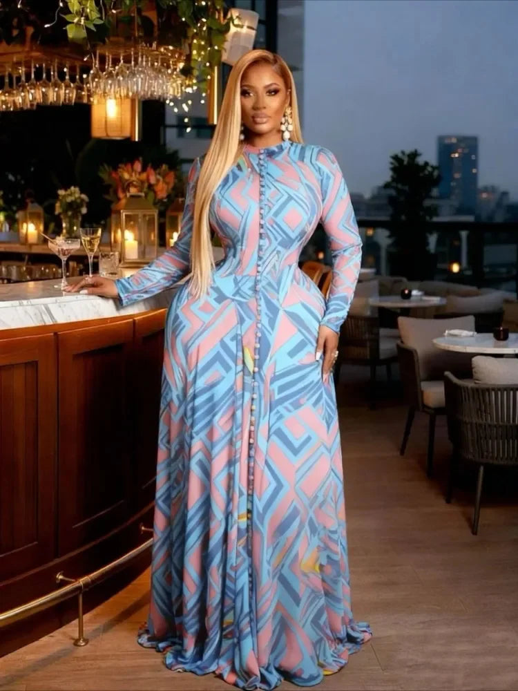 Turkunkan O Neck Long Sleeve Big Swing Tie Dye Print Long Dress