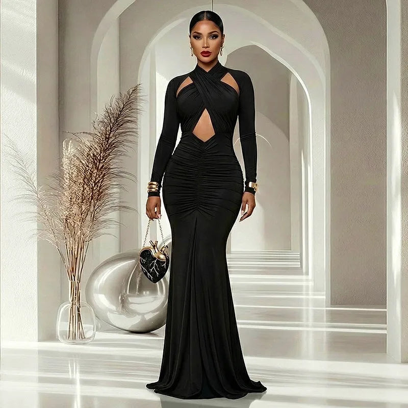 Bedford Turtleneck Hollow Out Chest Wrapped Long Sleeve Pleated Bodycon Long Dress
