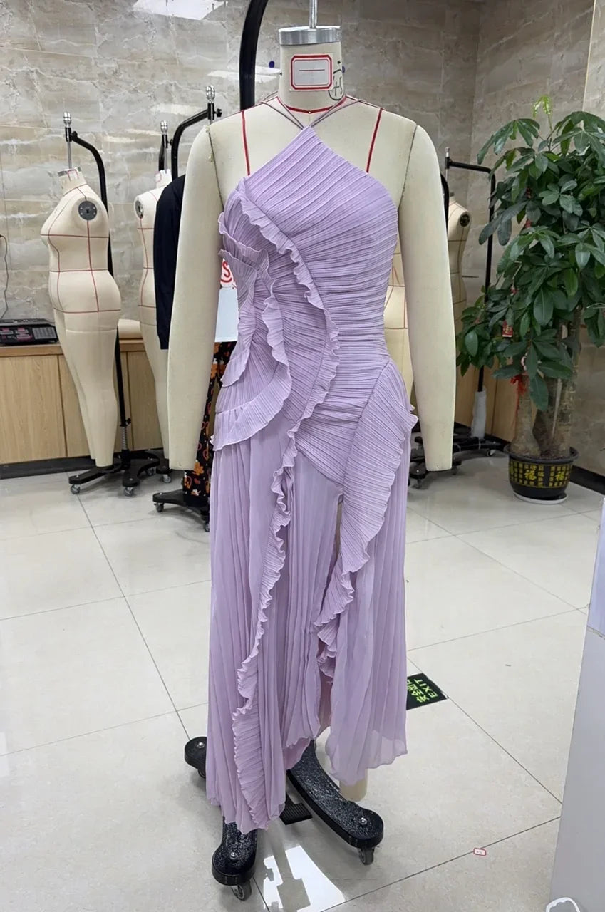 Indiana Ruffle Pleated Fashion Sleeveless Halter Irregular Tiered Pleated Maxi Dress