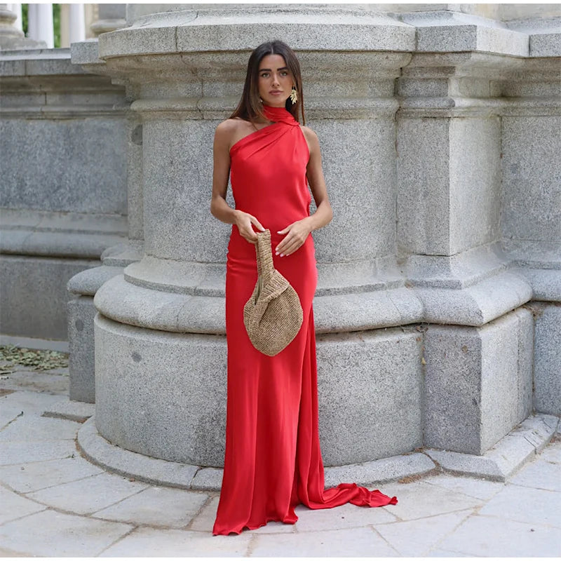 Califon Sexy Satin Ribbon Party Elegant Halter Backless Off Shoulder Sleeveless Maxi Dress