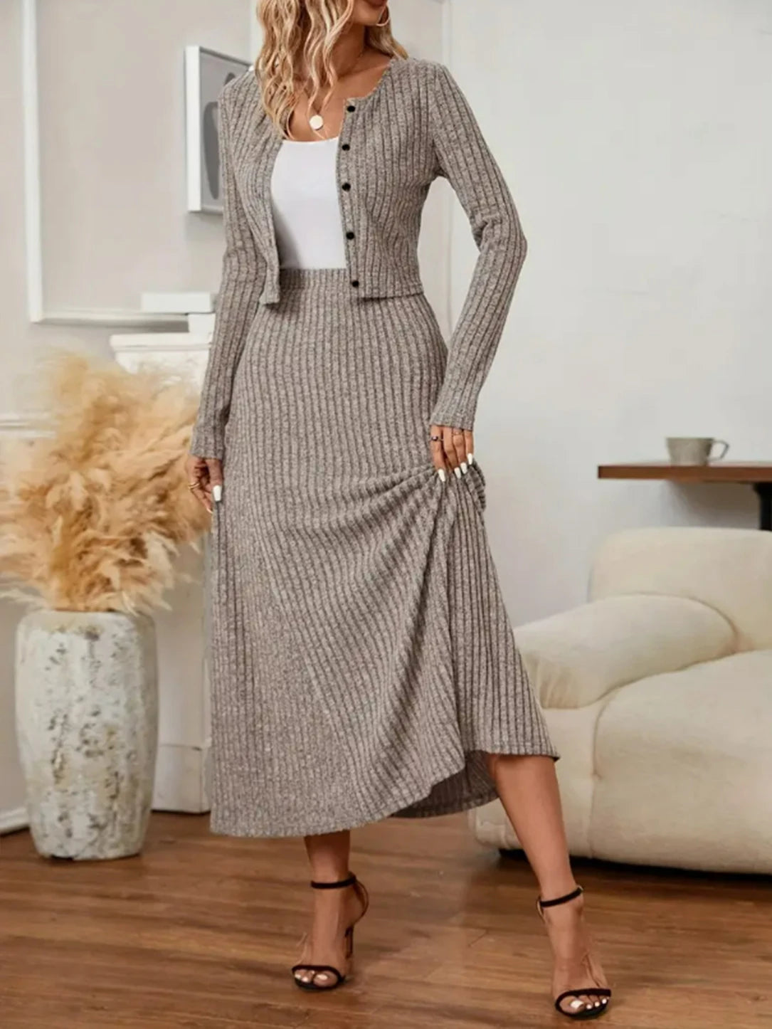 Sonia Ribbed Knit Outfit Long Sleeve Two Piece Sets