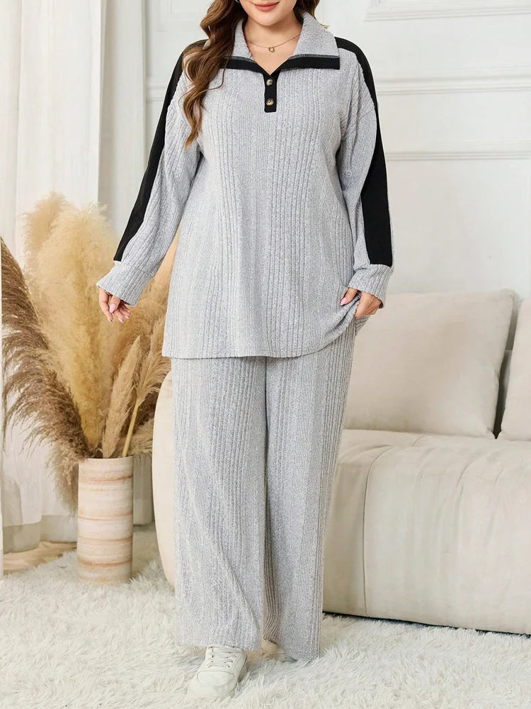 Ana Plus Size Open Collar Long Sleeve Rib-knit Two Piece Sets
