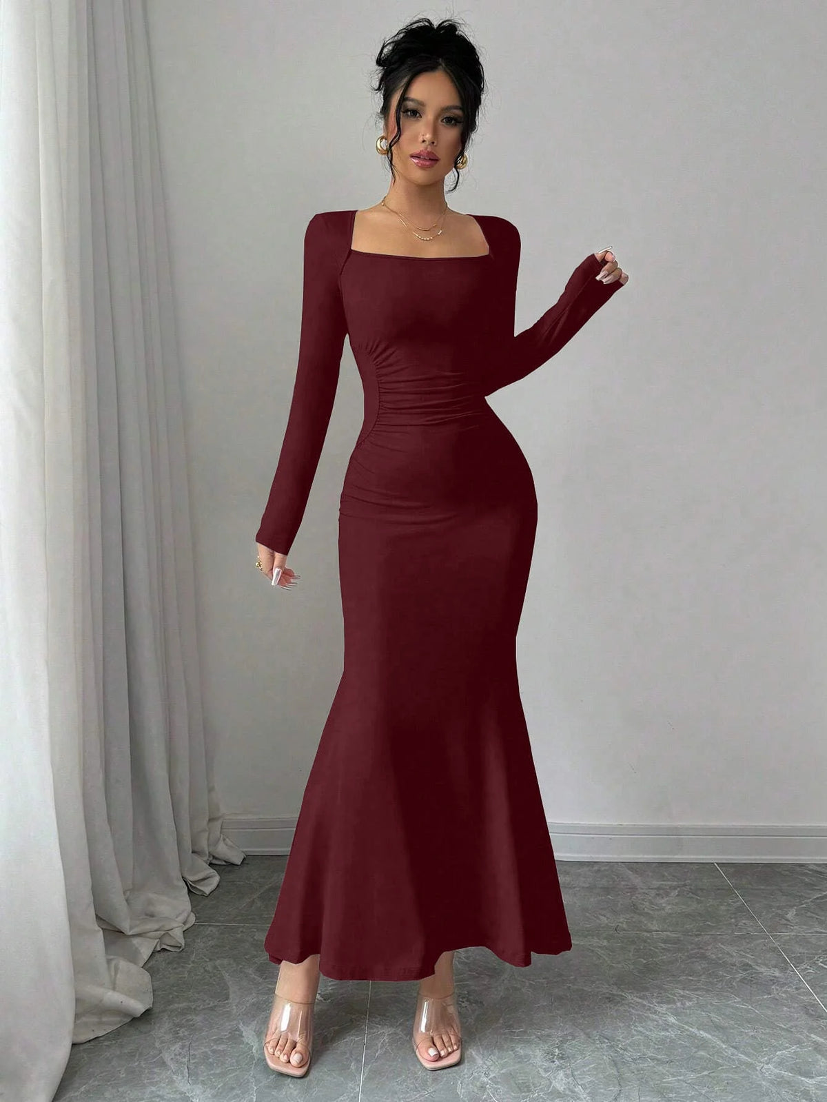 Nisao Four Seasons New Style Elegant Temperament Retro Solid Color Square Long Dress