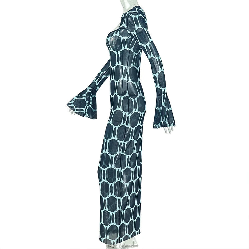 Warren Printed See Through Mesh Full Sleeve Hollow Out Slim Bodycon Long Dress