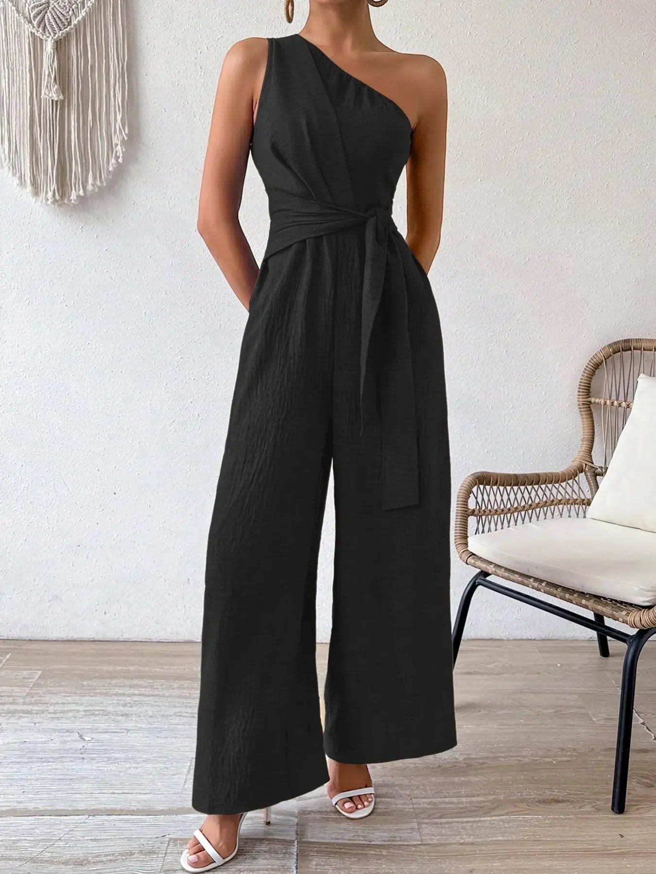 Detroit Fashion Sleeveless Diagonal Collar High Waist Lace-up Wide Leg Jumpsuits