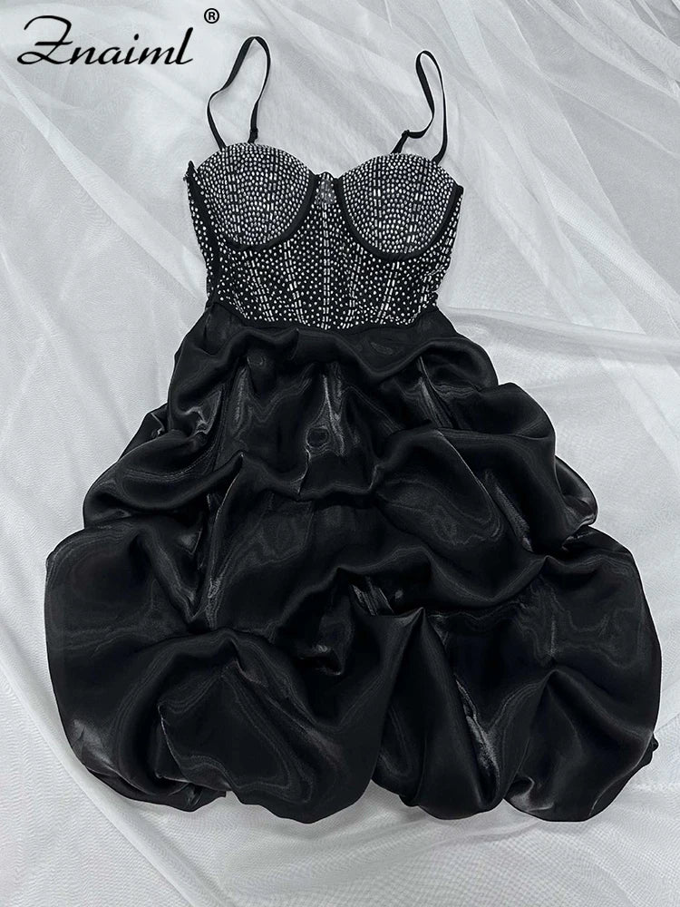 Elegant Christmas Mesh Sheer Patchwork Diamonds Rhinestone Mini Dress