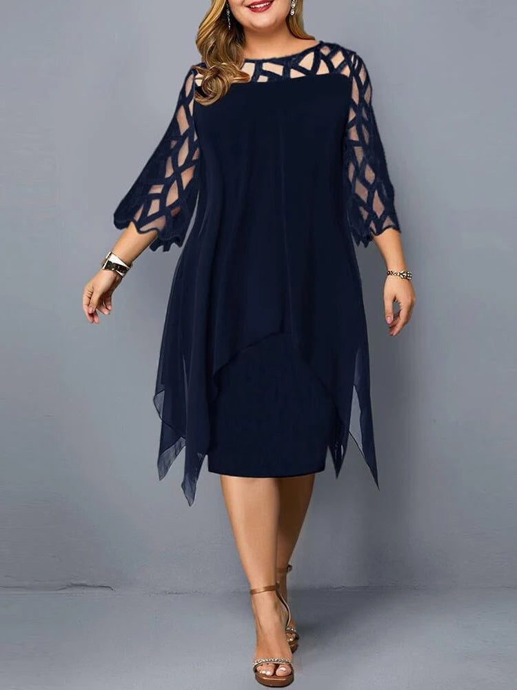 Cancun Hollow Chiffon Comfortable Loose Plus Size Elegant Solid Color Midi Dress