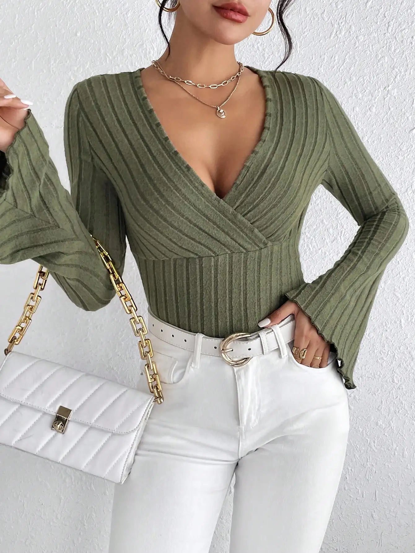 Uranus Long Sleeved V Neck Slim Striped Long Sleeved Knitted Tops