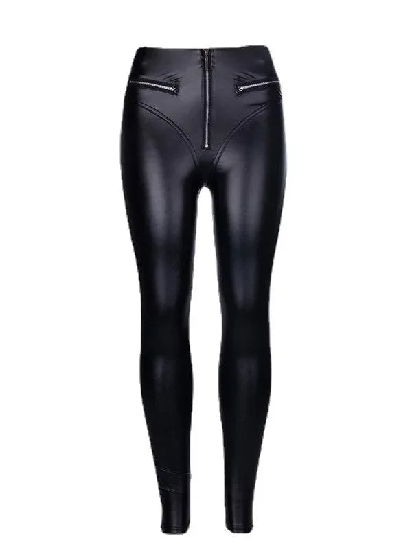 Byram High-Waisted Pure Color Tight Leather Slim Fit Long Pants