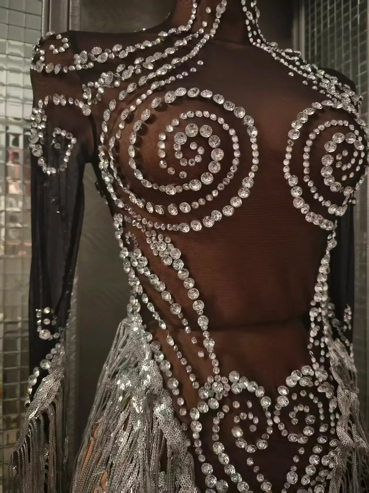 Carbondale Sparkly Rhinestone Tassel See Through Mesh Mini Dress