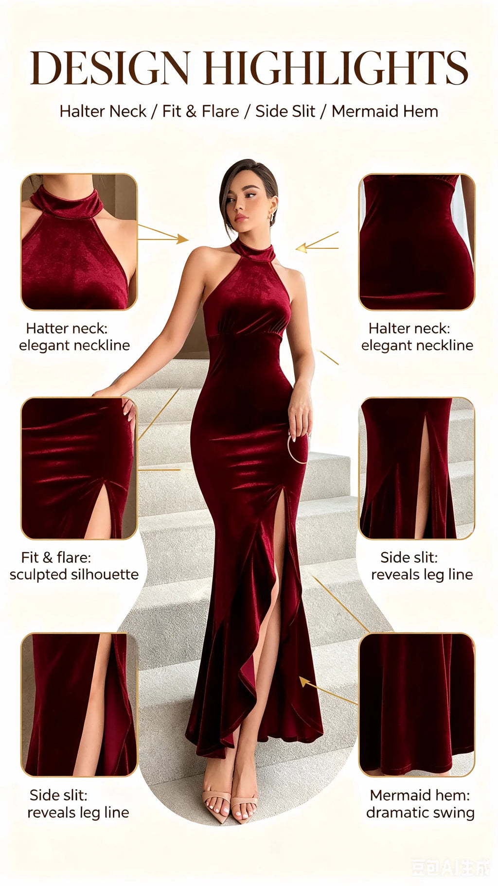 Burgundy Velvet Halter Neck Mermaid Gown High Neck Split Evening Party Dress