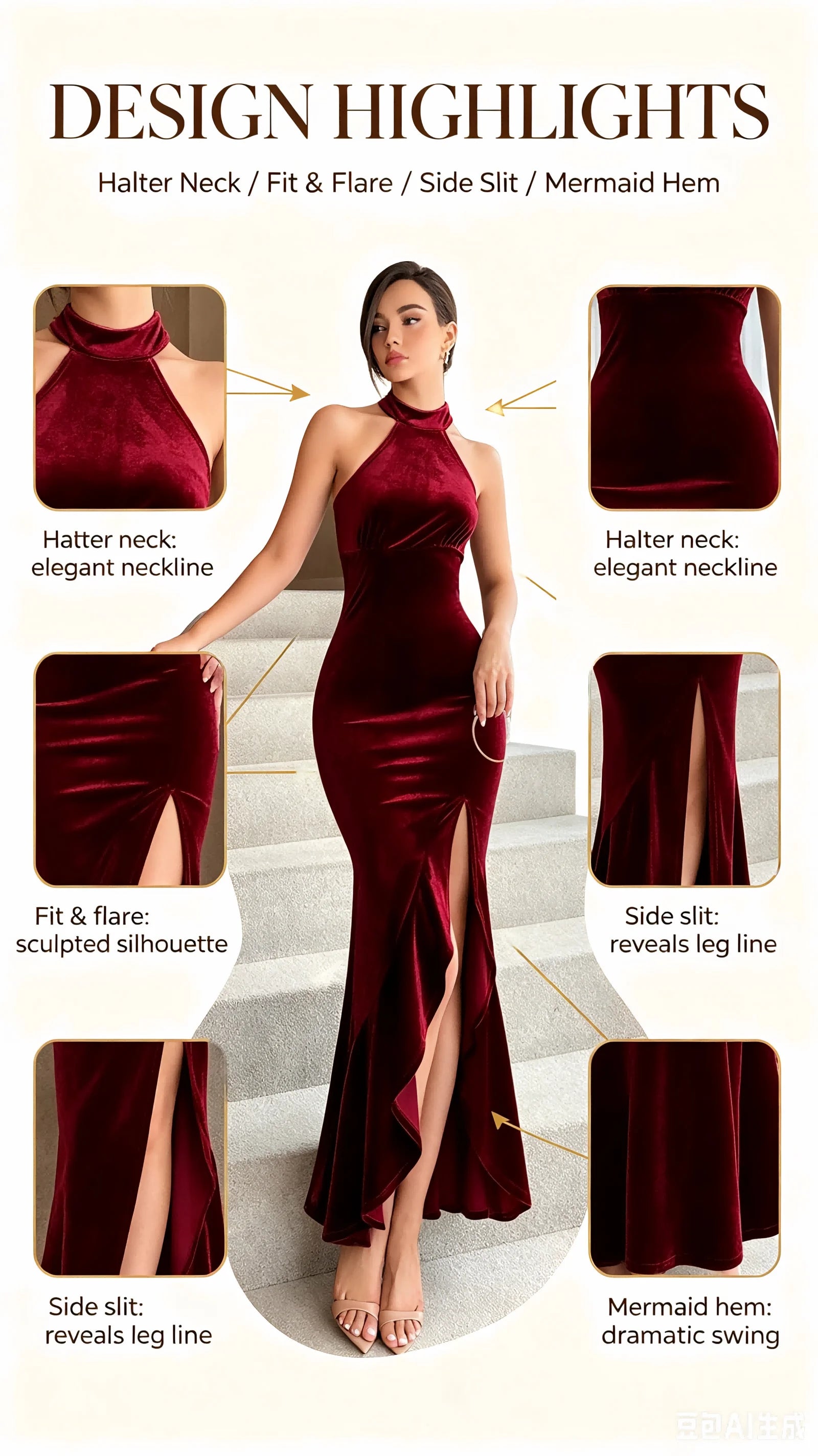 Burgundy Velvet Halter Neck Mermaid Gown High Neck Split Evening Party Dress
