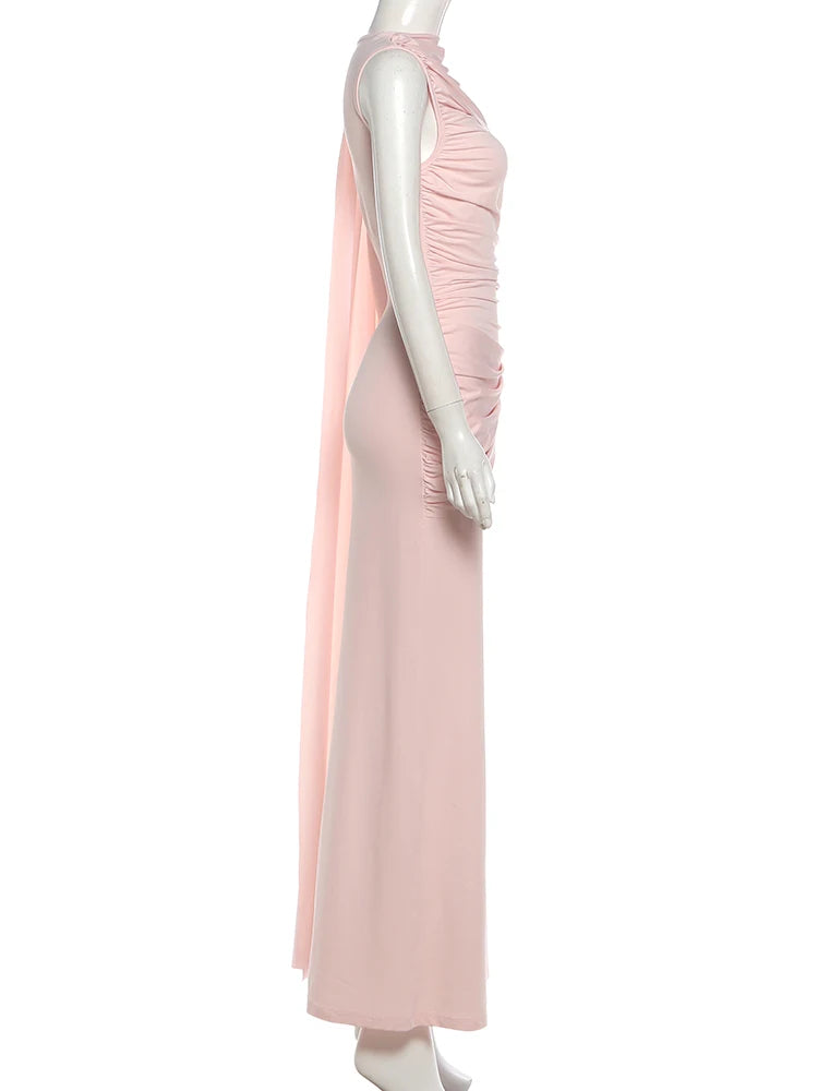 Linden Elegant Ruched O Neck Sleeveless Irregular Ribbon Metal Trim Classic Dress