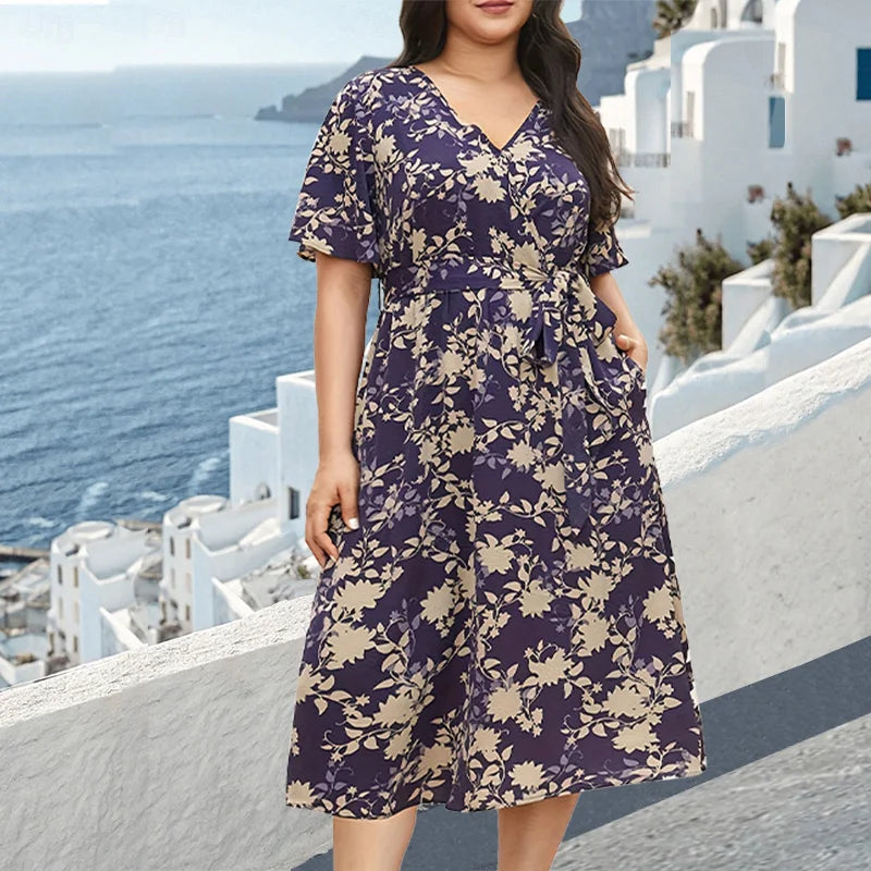 Plus Size Floral Print V-Neck with Pockets And Belt Elegant Mid-Length Dress