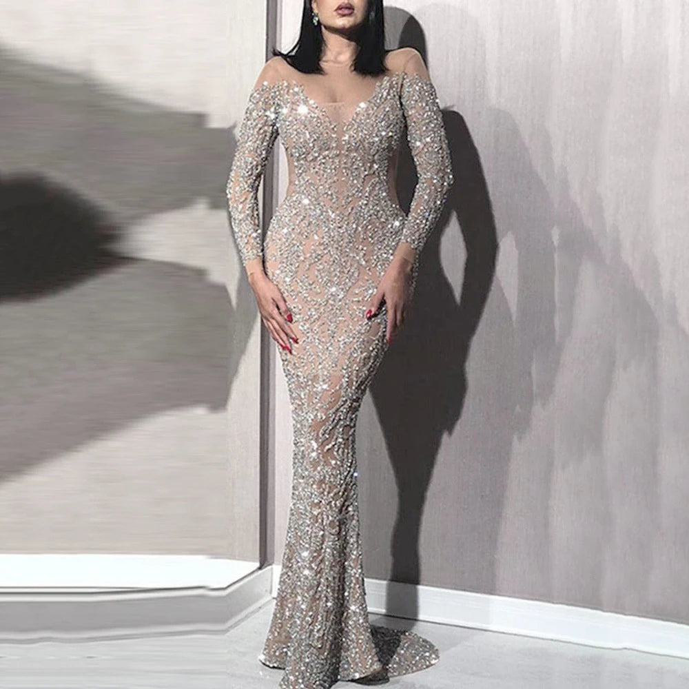 Millington Sequins Evening See-through Crew Neck  Long Sleeve Slim High Waist Maxi Dress