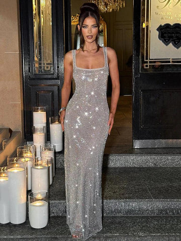 Bellport Sequins Backless Gown Sparkle Square Collar Sleeveless Bodycon Long Dress