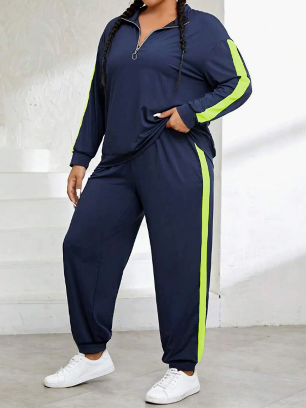 Jackie Plus Size Color Block Zip Front Two Piece Sets