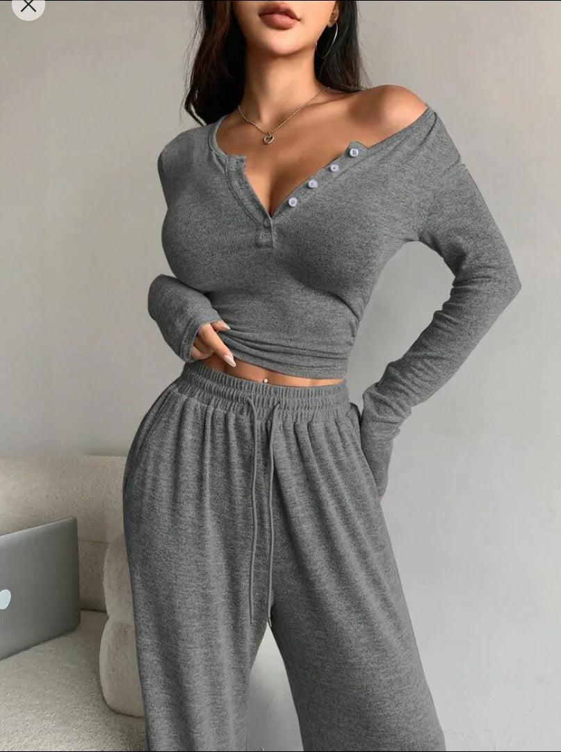 Leah V-neck Long-sleeved Trousers Two-piece Sets