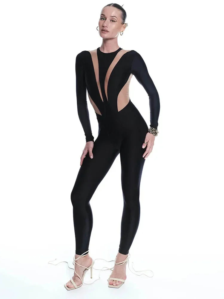 Auburn Hills Sexy Mesh Patchwork Jumpsuits Fashion O Neck Long Sleeve