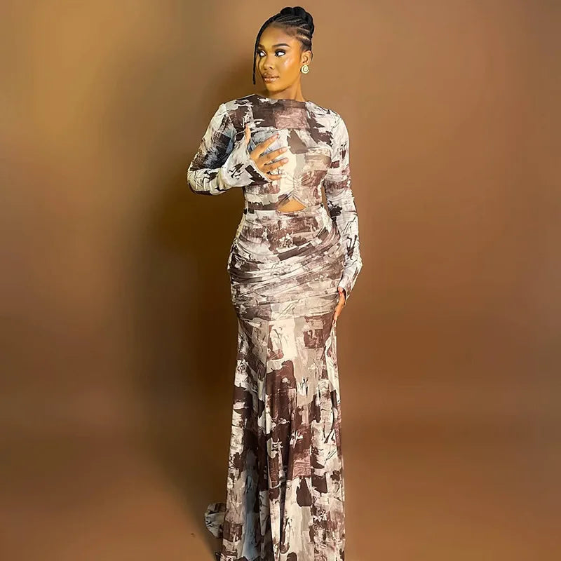Quintana Roo Printed Ruched Long Sleeve Cutout Maxi Long Dress
