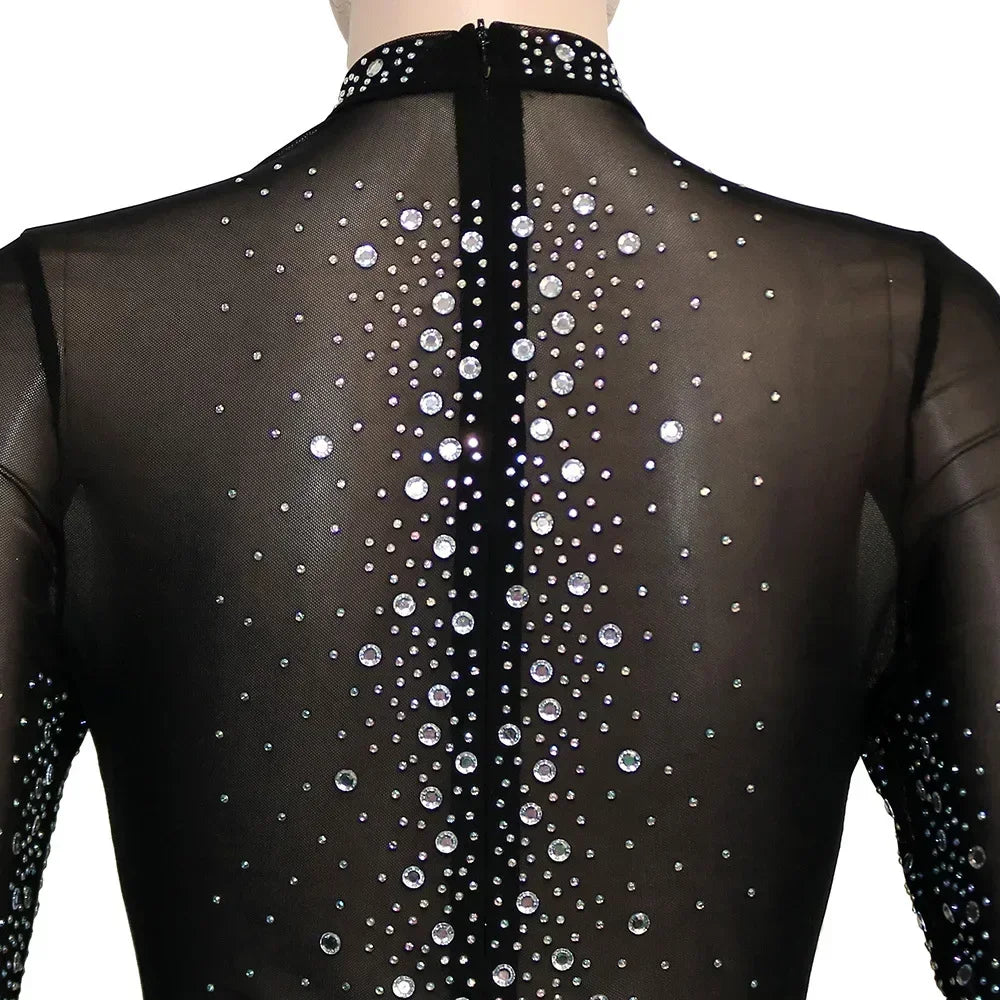 Union Square Fashion Sexy Mesh Perspective Hot Drill Long Sleeve Jumpsuit