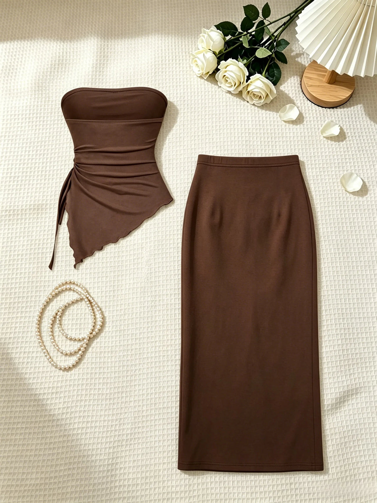 Mia Strapless Side Drawstring Ruffle Hem Two Piece Sets