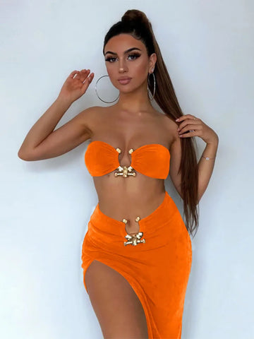 Nahomi Velvet Sexy Strapless High Waist Slit Two Piece Sets