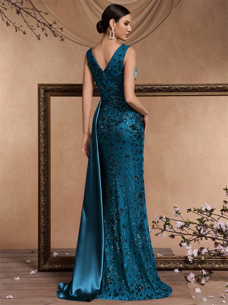 Puebla Elegant V Neck Splice Ribbons Sequins Sleeveless Mermaid Formal Dress