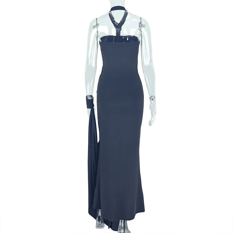 Connecticut Elegant Halter Backless Skinny Hand Strap Hem Maxi Dress